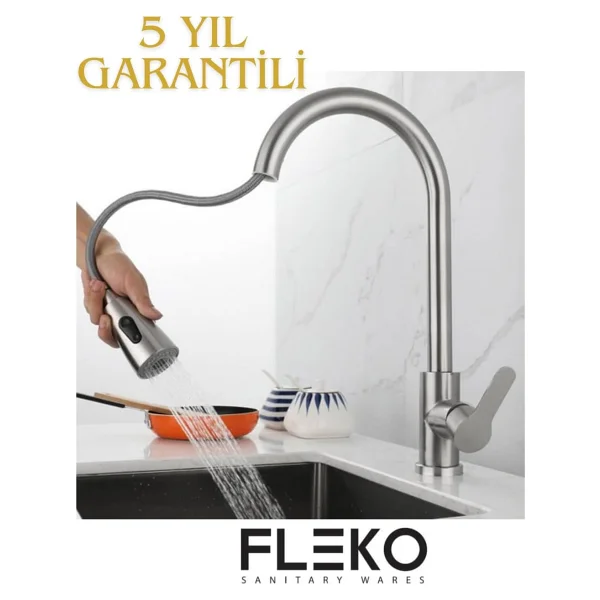 Fleko Sıcak soğuk Su Girişli Spiral Başlıklı Mutfak Eviye Bataryası (İnox(Gümüş)) - Görsel 3