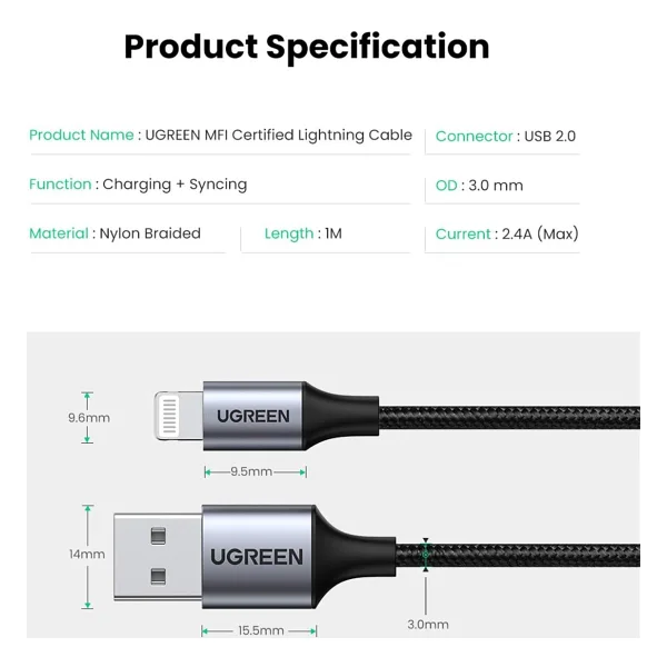 Ugreen 60158 2 m USB to Lightning Hızlı Şarj Kablosu - Görsel 7