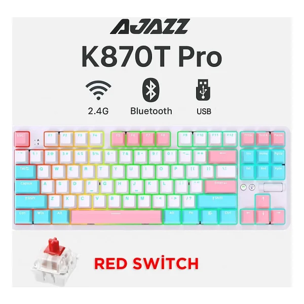 Ajazz K870t Pro Beyaz RGB Tkl Red Switch Kablolu/Kablosuz Mekanik Oyuncu Klavyesi - Görsel 4
