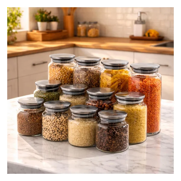 Porsima Bormio Metal Kapaklı 12 Cam Kavanoz Seti Vakum Kapaklı Saklama Düzenleme Kabı Seti 650-900-1400ml - Görsel 2