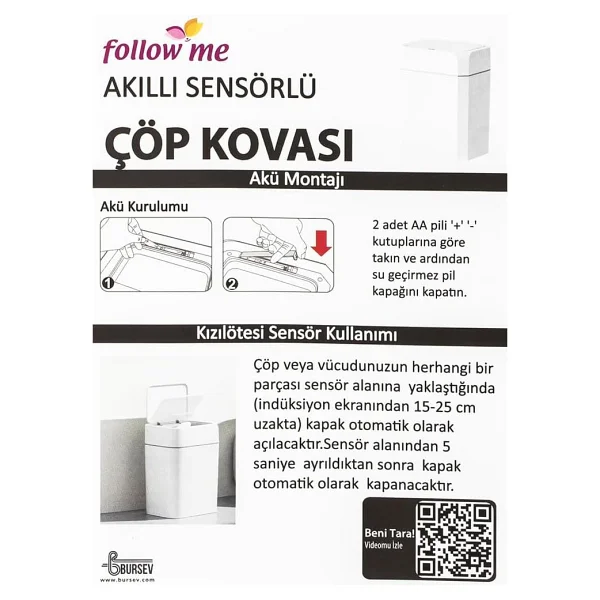 Porsima Me-05-1 Hareket Sensörlü Sessiz Kapatma Çöp Kutusu Banyo Mutfak Çöp Kovası Kapaklı Banyo Çöp Kovası 2 Adet Aa Pil Siyah 50lt - Görsel 6