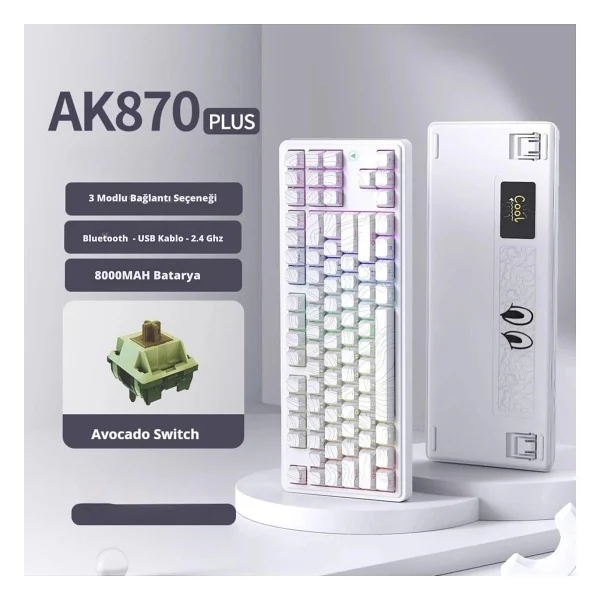 Ajazz AK870 Plus Beyaz RGB TKL Avocado Switch Kablolu/Kablosuz Oyuncu Klavyesi - Görsel 2