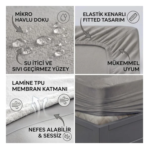 FORMEYA Gri Sıvı Geçirmez Alez - Tek-Çift Kişilik Alez - Mikrofiber Kumaş - Fitted(Yatağı Saran) Alez - Yatak Koruyucu Alez-Çarşaf(150x200) - Görsel 2