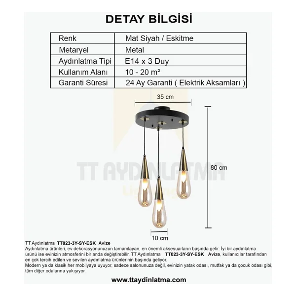 TT Aydınlatma TT023-3Y-SY-ESK Eskitme 3'lü Damla Modeli Yuvarlak Avize - Görsel 3
