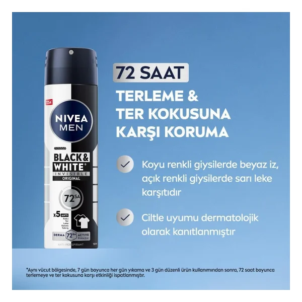 NIVEA MEN Erkek Sprey Deodorant Black & White Invisible Original 150ml, 72 Saat Anti-Perspirant, X5 Adet - Görsel 4