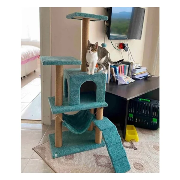 Reyo Pet B-07 Hamaklı Yuvalı Lüx Kedi Tırmalama Oyun Evi Turkuaz - Görsel 5