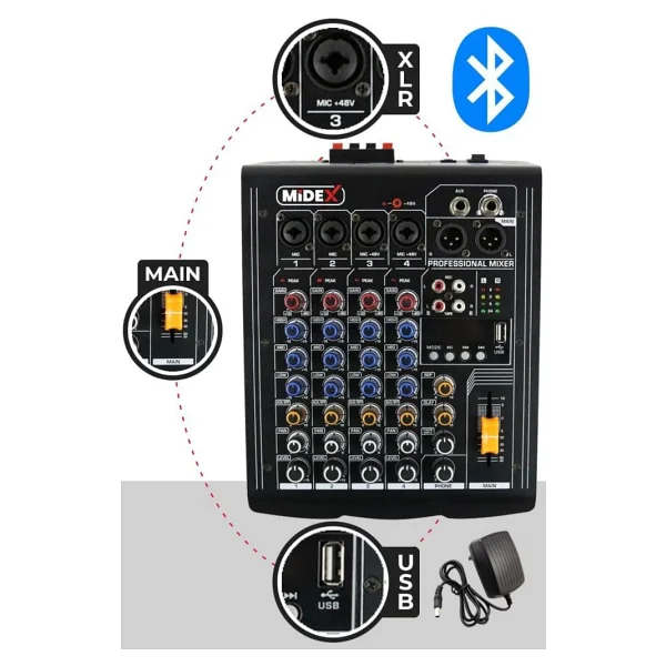 Midex MP-400 2x200 W 4 Kanal Power Mikser - Görsel 2