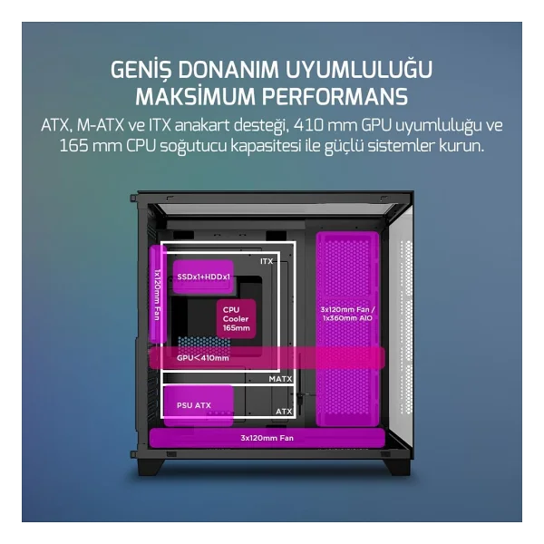 GamePower Warcry TopGlass 750W 4xARGB Temperli Cam ATX Siyah Gaming (Oyuncu) Kasa - Görsel 4