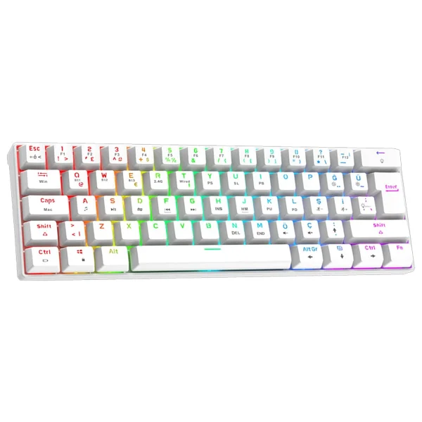 Gravion Kyra MK61 Rgb Mekanik Gaming Oyuncu Klavye 61 Tuş, Kablosuz Bluetooth + 2.4g + Kablolu, Red Switch, 2000MAH - Beyaz - Görsel 7