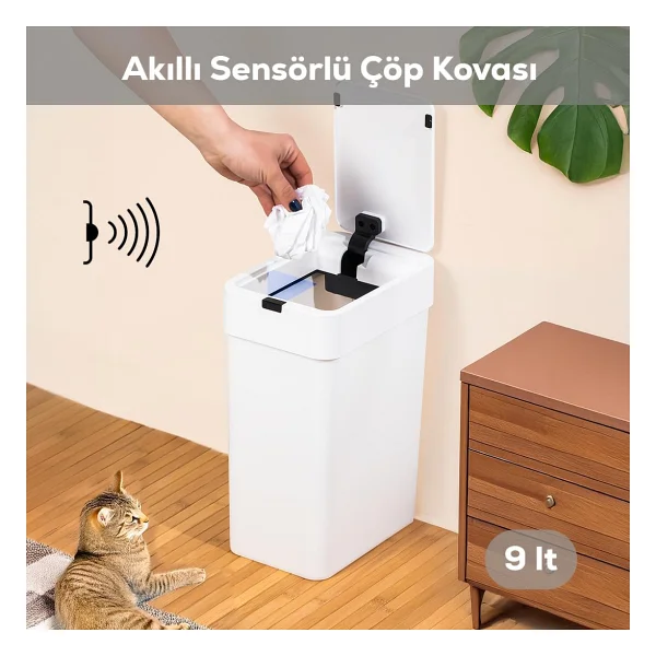 Porsima Me-06 Hareket Sensörlü 9lt Sessiz Banyo Mutfak Çöp Kovası Beyaz - Görsel 7