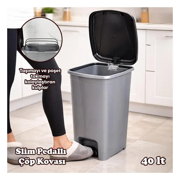 Porsima 0122 Pedallı Metalize Banyo Mutfak Çöp Kovası Siyah Kapaklı Slim Pedallı Çöp Kovası 40 Litre - 40 Lt - Görsel 2