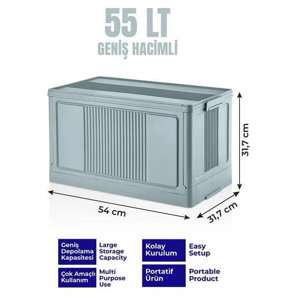 Deconox Dev Boy Katlanır Kilit Kapaklı Kasa 55 Litre Hacimli, Yer Kaplamayan Portatif Saklama Kutusu Ardiye, Balkon, Mutfak, Kiler, Bahçe Ve Araç Bagajı İçin Güvenli Organizer (Mavi) - Görsel 3