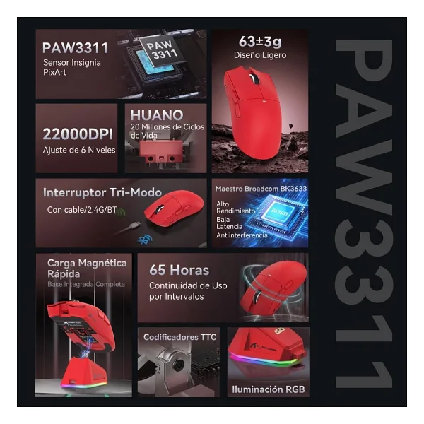 Attack Shark X11 Şarjlı Makrolu Ergonomik Optik Kablolu/Kablosuz Oyuncu Mouse - Görsel 6
