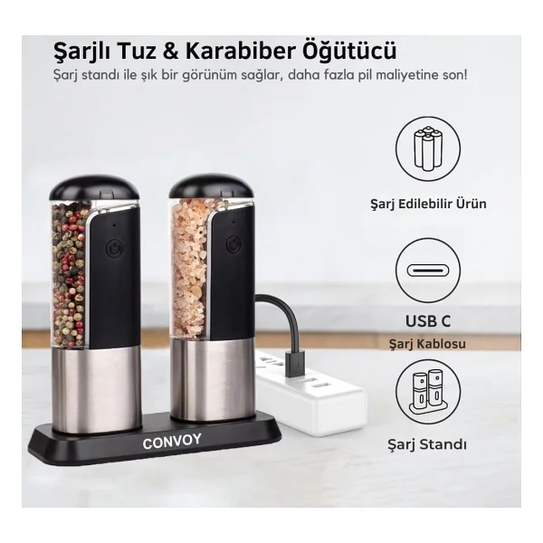 Neo Şarjlı Stantlı Karabiber, Tuz Öğütücü, Şarjlı Otomatik Tuz Öğütücü, 3 Kademe Ayarlı Baharat Değirmeni, LED Işıklı Tuzluk & Biberlik, Portatif Her Alana Uygun Kullanım - Görsel 5