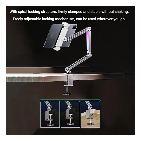 Coverzone P67h Profesyonel Ayarlanabilir LED Işıklı Uzun Kollu Alüminyum Masaüstü 14.6 Inç Kadar Uyumlu iPad İle Uyumlu Tablet Stant Ve Tutucu Cantilever Kol Tasarım, 360° Döner, Tablet Standı - Görsel 6