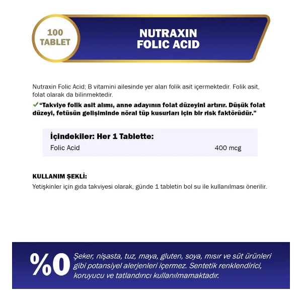 Nutraxin Folic Acid 400 mcg 100 Tablet - Görsel 9