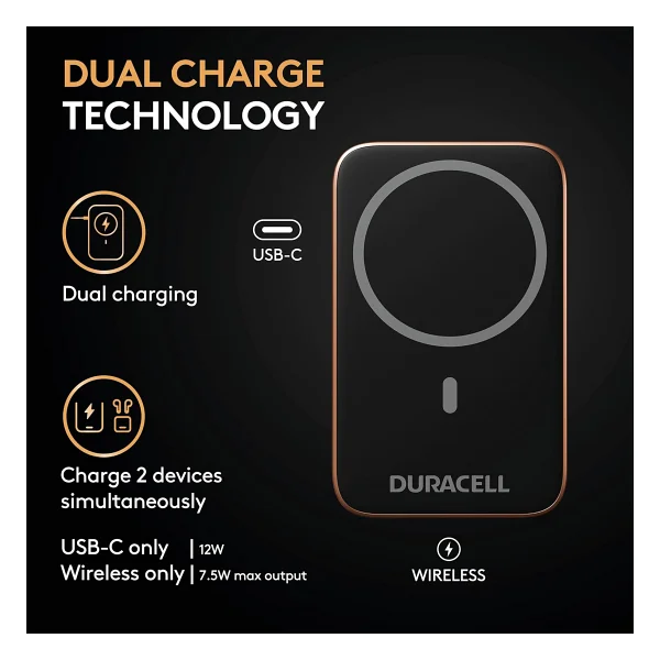 Duracell Manyetik Powerbank 5000 mAh - Magsafe Uyumlu Kablosuz Şarj Cihazı 7,5 W, 12 W USB-C Hızlı Şarj, iPhone 12 13 14 15 16 17 Pro Max, Samsung, AirPods İçin Ayaklıklı İnce Harici Pil - Görsel 2