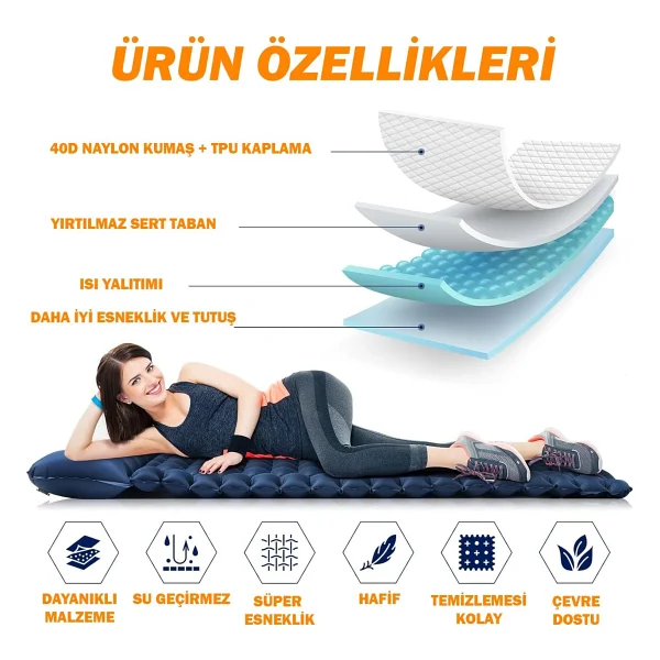 Microcase Su Geçirmez Pompasız Ayakla Şişen Tek Kişilik Katlanabilir Şişme Outdoor Kamp Yatağı AL4525 - Görsel 8