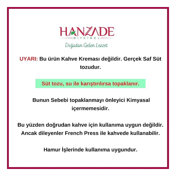 Hanzade Bitkisel Saf Süt Tozu 500 gr - Görsel 2