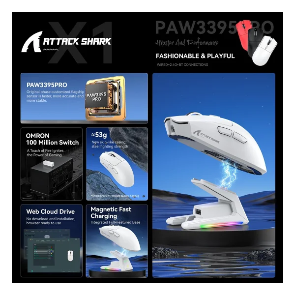 Attack Shark X1 Şarj İstasyonlu Kablosuz Oyuncu Mouse - Görsel 3