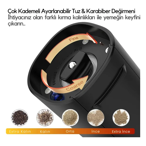 Neo Şarjlı Stantlı Karabiber, Tuz Öğütücü, Şarjlı Otomatik Tuz Öğütücü, 3 Kademe Ayarlı Baharat Değirmeni, LED Işıklı Tuzluk & Biberlik, Portatif Her Alana Uygun Kullanım - Görsel 7
