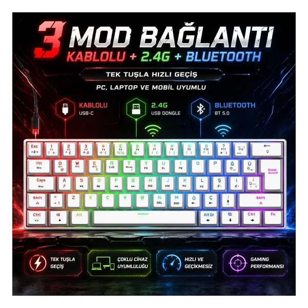 Gravion Kyra MK61 Rgb Mekanik Gaming Oyuncu Klavye 61 Tuş, Kablosuz Bluetooth + 2.4g + Kablolu, Red Switch, 2000MAH - Beyaz - Görsel 2