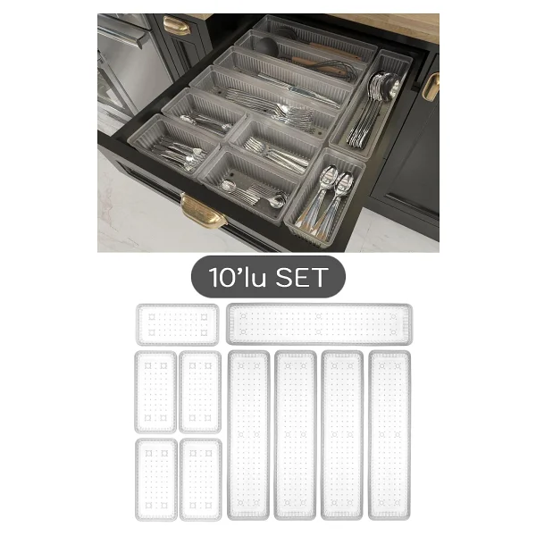 Meleni Home 10'lu Modüler Set Kaşıklık Çekmece Içi Düzenleyici Çatal Kaşık Bıçak Düzenleme Organizeri Şeffaf - Görsel 2