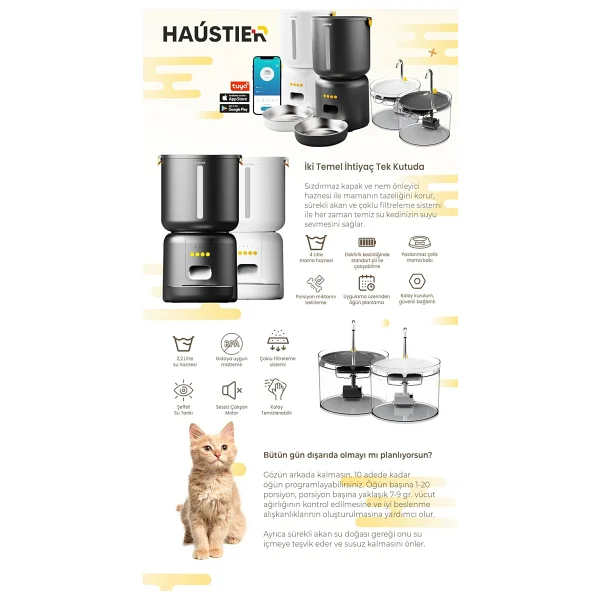 Haustier Fw3 Siyah Otomatik App Kontrollü Akıllı Kedi Mama Kabı & Otomatik Kedi Su Pınarı 2'li Set - Akıllı Beslenme İstasyonu - Görsel 9