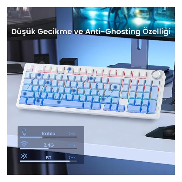 Aula F99 Pro 3 Modlu RGB Hot Swap Mekanik Nimbus V3 Switch Kablosuz Makrolu Gaming Klavye Gradyan Mavi - Görsel 4