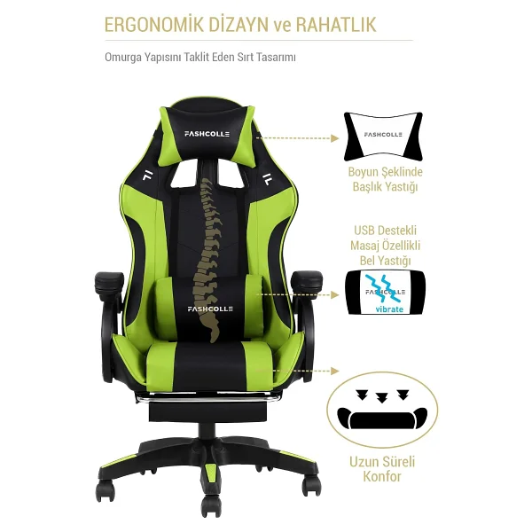 Fashcolle Dynamic Yeşil-Siyah Masajlı Oyuncu Koltuğu - Görsel 9