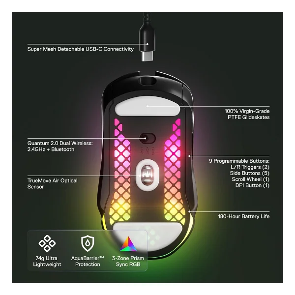 Steelseries Aerox 5 RGB Şarjlı Optik Kablosuz Oyuncu Mouse - Görsel 6