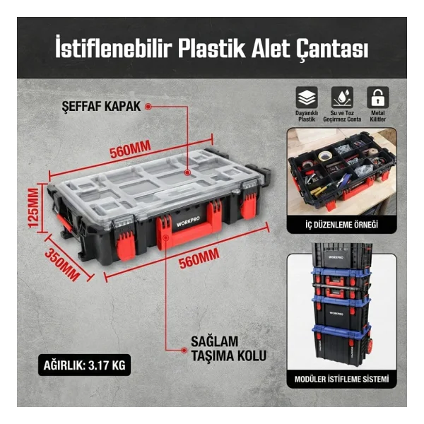 Workpro Wp283029 24lt 12 Gözlü Şeffaf Kapaklı İstiflenebilir 56x35x12,5cm Profesyonel Organizer Takım Çantası - Görsel 7