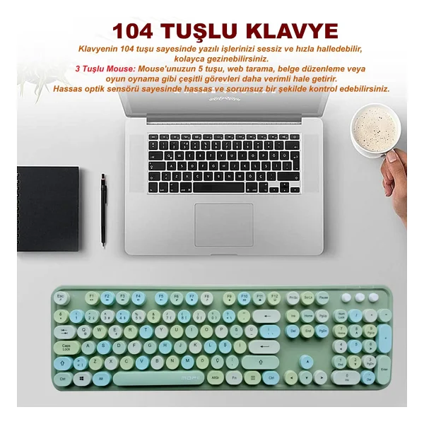 Microcase Mofii Sweet Serisi Renkli Kablosuz Klavye Mouse Set Türkçe AL4259 (Pembe) - Görsel 8