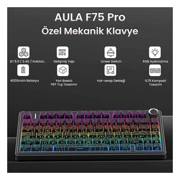 Aula F75 RGB %75 Tkl Seiya Switch Kablolu/Kablosuz Mekanik Oyuncu Klavyesi - Görsel 2