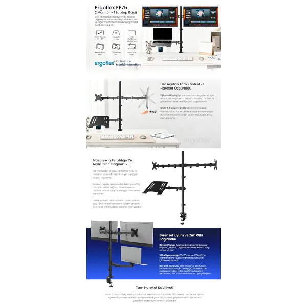 Ergoflex EF75 13-27 inç Üç Kollu Monitör Standı - Görsel 8