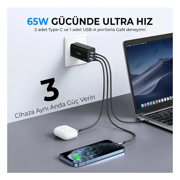 Bix Bx3p66g 65 W Siyah Hızlı Şarj Adaptörü - Görsel 3