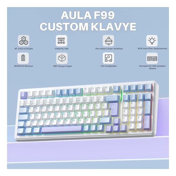 Aula F99 RGB Graywood V4 Switch Kablolu/Kablosuz Mekanik Oyuncu Klavyesi - Görsel 2