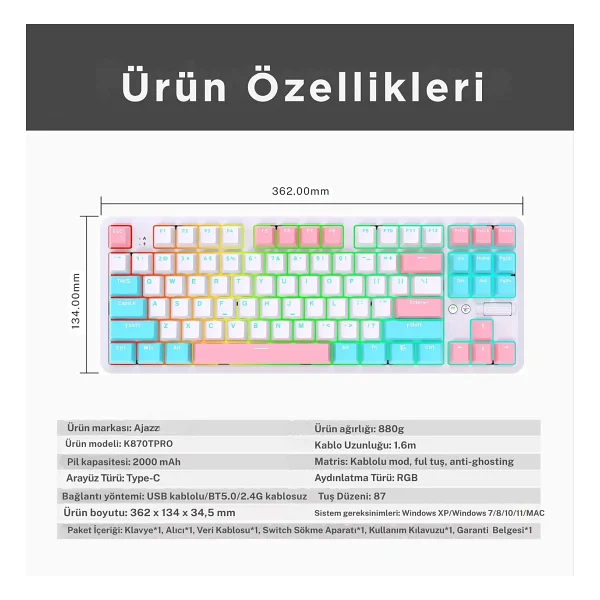 Ajazz K870t Pro Beyaz RGB Tkl Red Switch Kablolu/Kablosuz Mekanik Oyuncu Klavyesi - Görsel 5