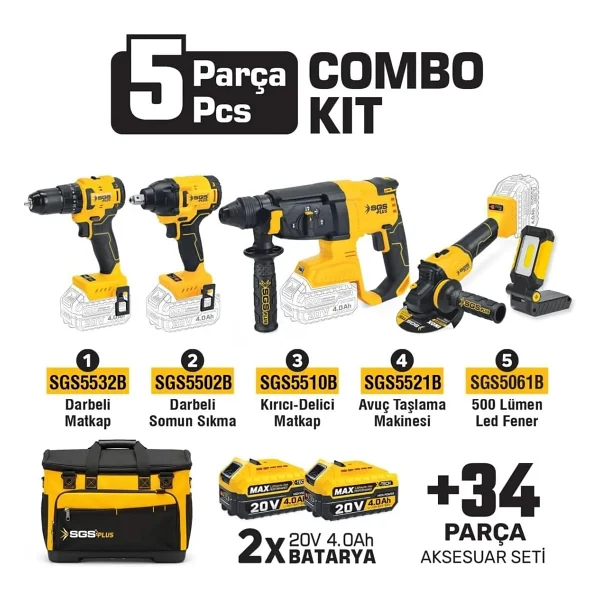 Sgs Combo Set 5 Parça (Darbeli Matkap/Kırıcı-Delici Matkap/Avuç Taslama Makinesi/Darbeli Somun Sıkma/LED Fener) Sgs5451 - Görsel 2