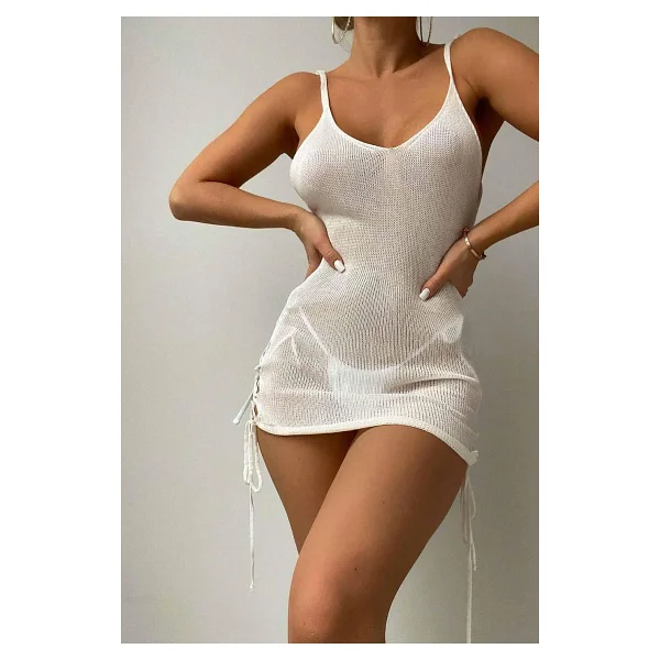 Angelsin Yandan Büzgülü Örme Plaj Elbisesi Pareo Cover Up Kimono Beyaz - Görsel 5