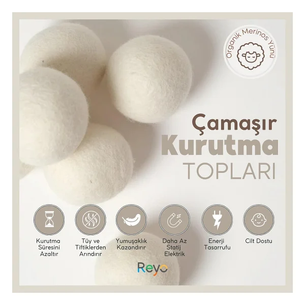Reyo Yün Çamaşır Kurutma Makinası Topu 3 Adet XL %100 Organik Beyaz - Görsel 4