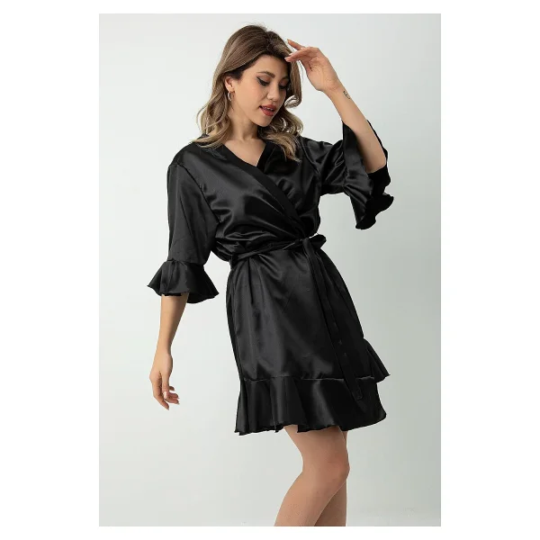 Doremi Kuşaklı Fırfırlı Saten Sabahlık Siyah L-XL - Görsel 4