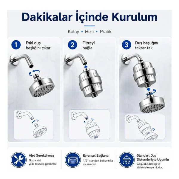 Bluefox SILVER Duş Filtresi - Klor ve Ağır Metal Arıtmalı, KDF 55 + Aktif Karbon, Saç ve Cilt Dostu, Kireç Azaltıcı, Evrensel Uyumlu, Aletsiz Montaj, Su Yumuşatıcı - Görsel 5