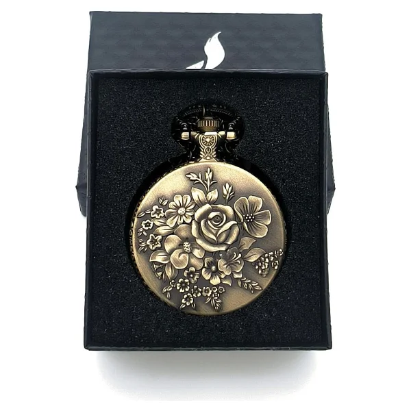 Valkyrie Zarif Kabartma Çiçek Desenli Vintage Bronz Cep Saati - Kolye Köstekli Retro Hediye - Görsel 3