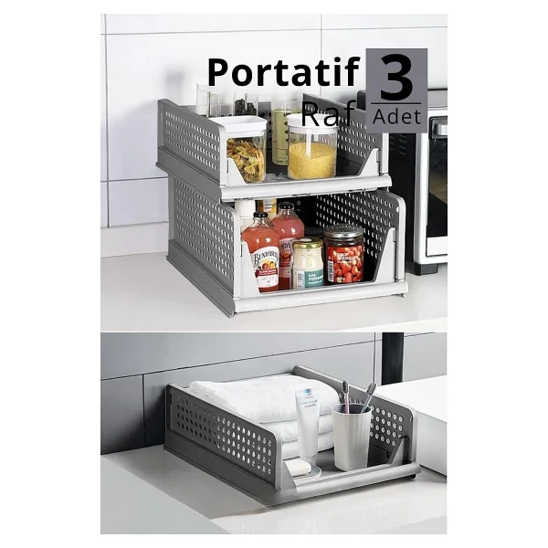 Mithra Life 3 Lü Kayar Raf Organizer Gri Dolap İçi Kıyafet Aksesuar Düzenleyici 45x35 Cm Mıt1263 - Görsel 6