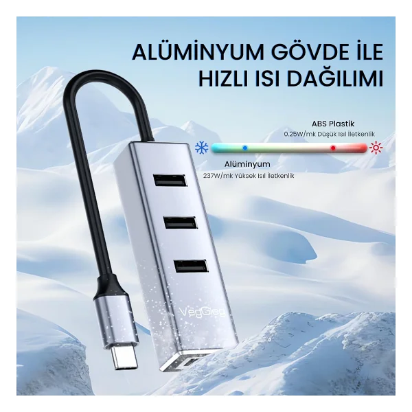 Veggieg USB Type-C To 100mbps Ethernet Çevirici Ve 3 Portlu USB Hub Çoklayıcı - Görsel 7