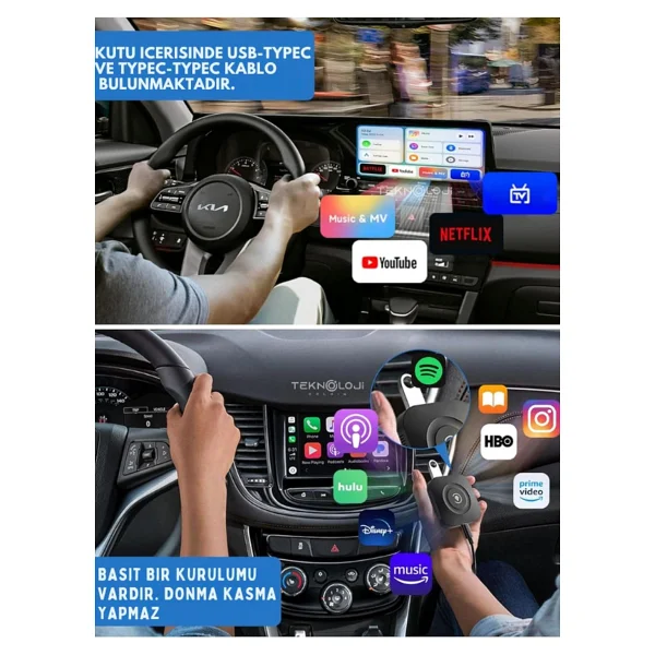 Kablosuz Carplay Ve Android Auto Adaptörü, 2gb RAM 32gb Rom, Türkçe Arayüz, Netflix Ve Youtube Destekli - Görsel 2