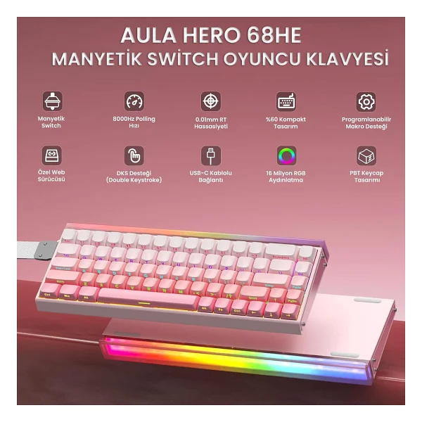 Aula Hero 68 He Pembe RGB %65 Tkl Black King Switch Kablolu Mekanik Oyuncu Klavyesi - Görsel 2