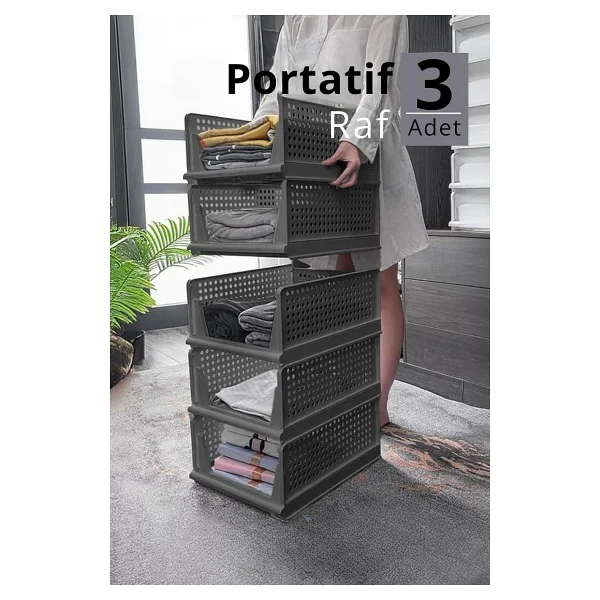 Mithra Life 3 Lü Kayar Raf Organizer Gri Dolap İçi Kıyafet Aksesuar Düzenleyici 45x35 Cm Mıt1263 - Görsel 2