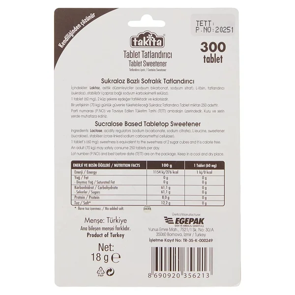 Takita Sukralozlu Tablet Tatlandırıcı 100 Tablet - Görsel 3